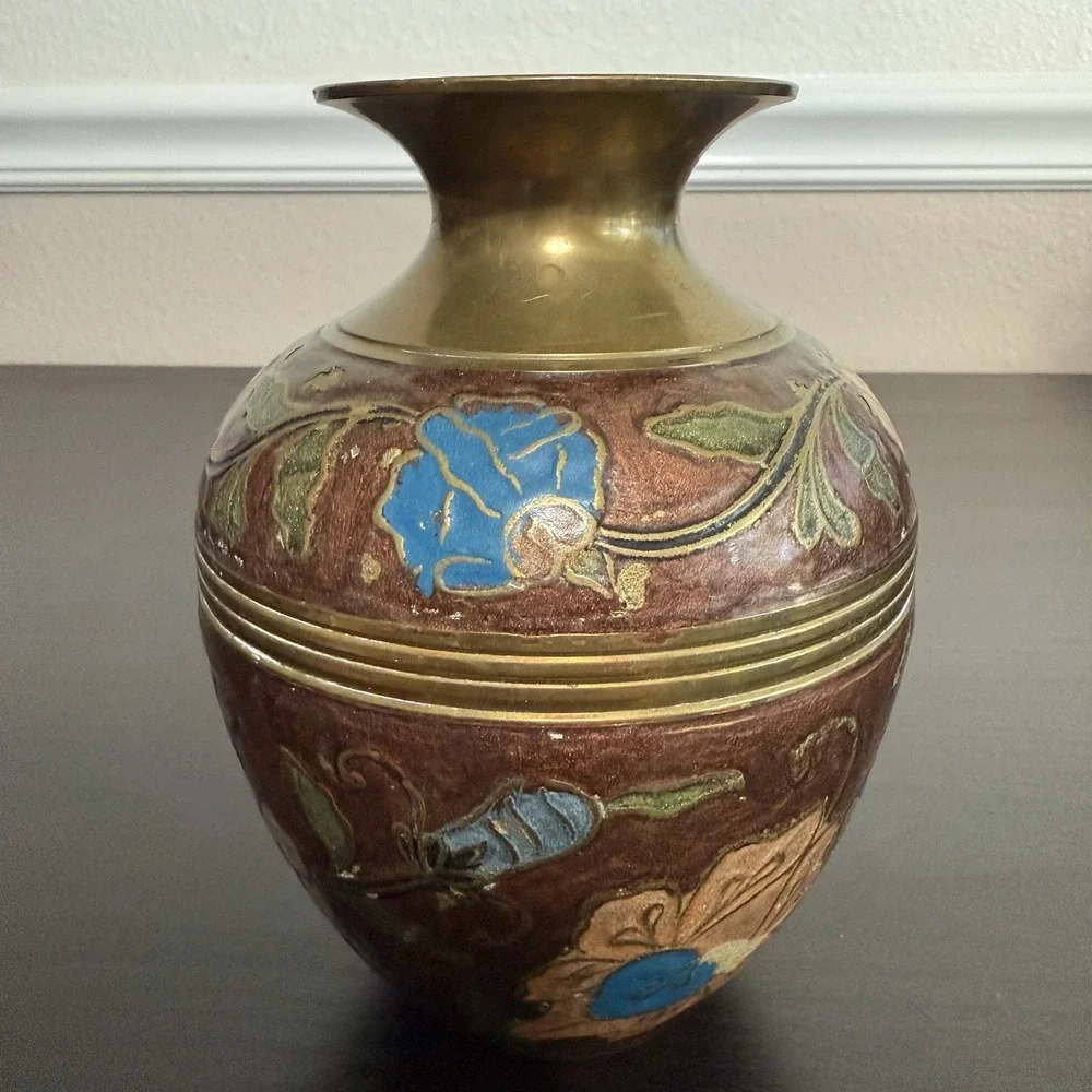 Vintage Brass Vase Floral‎ Design Enameled Hand Painted Flowers India Bud Vase